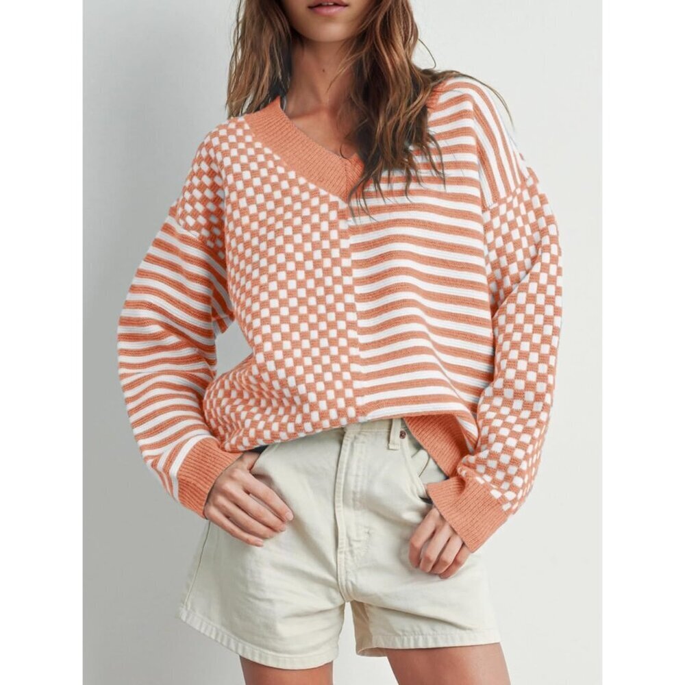 Womens Light Orange Striped Checkered V Neck Casual Knit Trendy Pullover Sweater - Picture 3 of 3